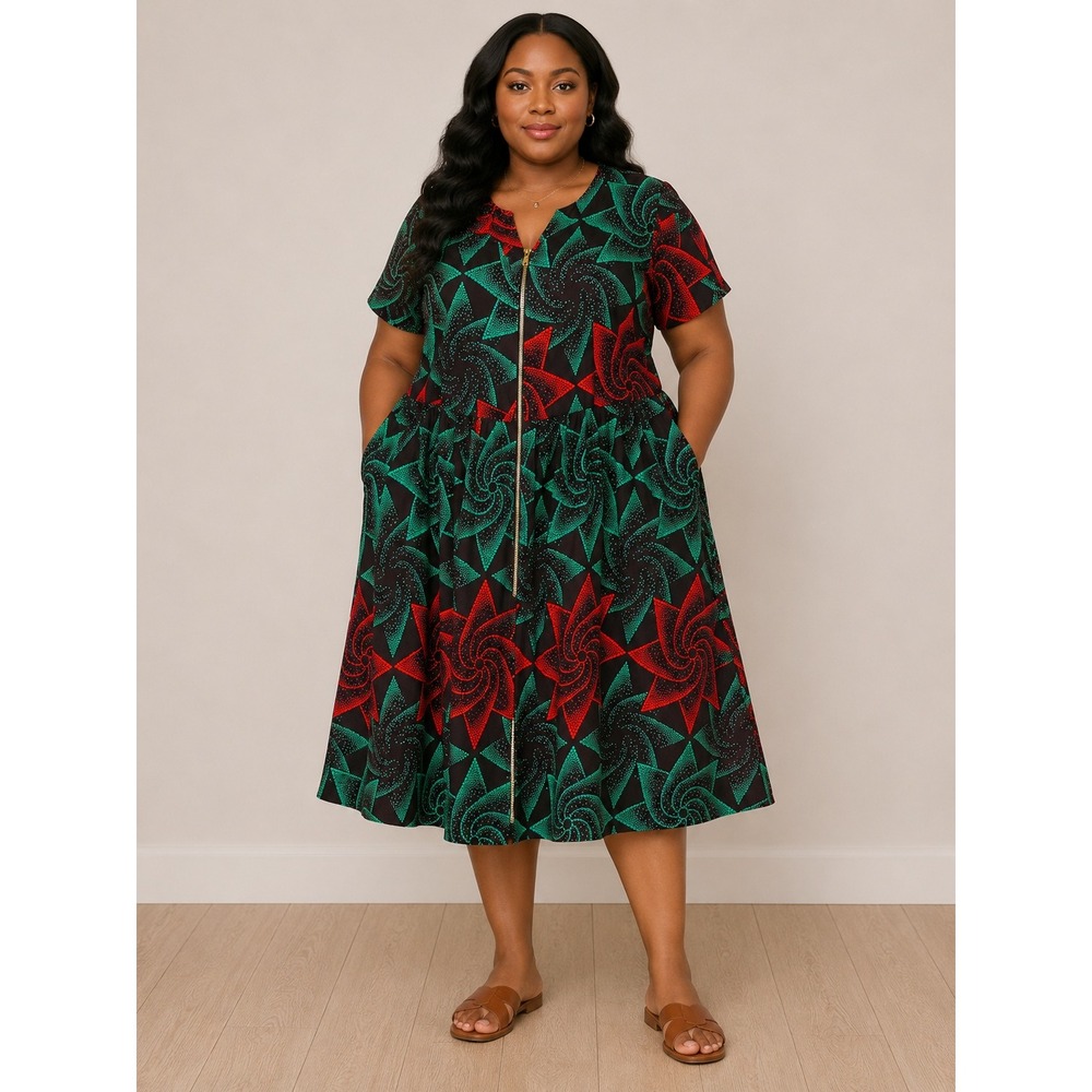 Mae Otti Ankara Zipper Front Midi Dress 2XL Purple Red Green Artisan Cotton Boho